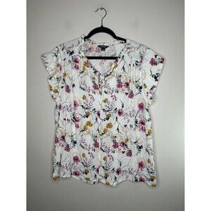 Buffalo David Bitton White Floral Blouse Capped Short Sleeves Size Large